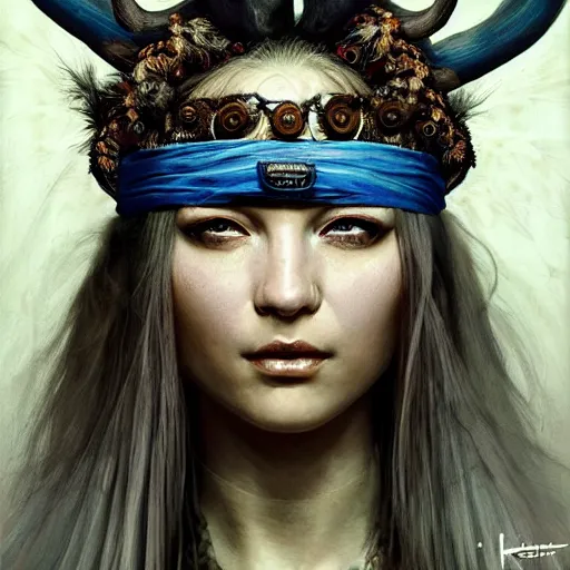 Image similar to A young female shaman, blue hair and antlers on her head. blindfolded, heilung, in the style of Heather Theurer, headshot photoshoot, insanely detailed and intricate, beautiful, elegant, cinematic toplight, portrait, headroom, artstation, made by karol bak, karol bak, karol bak