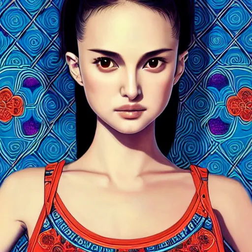 Image similar to a beautiful young japanese natalie portman alluring gravure model, wearing elaborate designer tank top, tank top with mesoamerican patterns, by akira toriyama and wlop and ilya kuvshinov and artgerm and, aesthetic, gorgeous, stunning, alluring, attractive, artstation, deviantart, pinterest, digital art