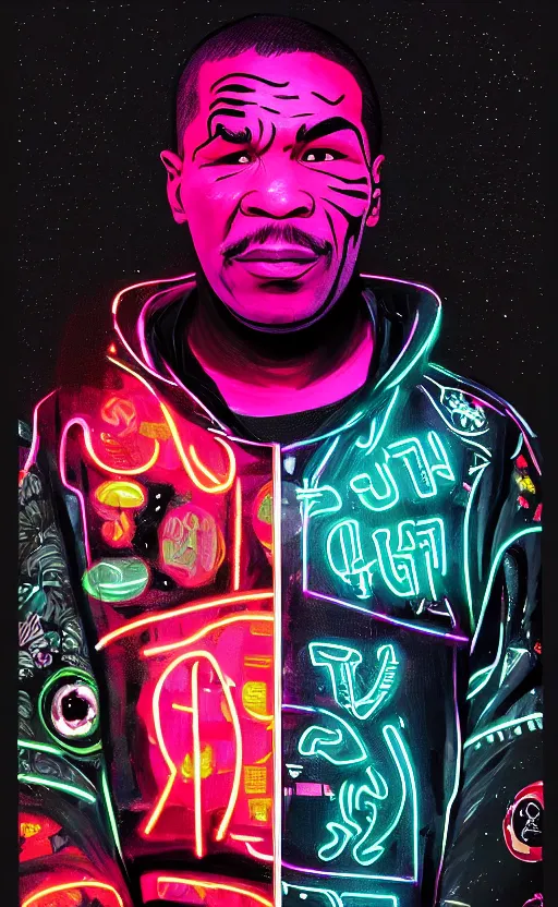 Image similar to detailed portrait Mike Tyson Neon Operator, cyberpunk futuristic neon, reflective puffy coat, decorated with traditional Japanese ornaments by Ismail inceoglu dragan bibin hans thoma !dream detailed portrait Neon Operator Girl, cyberpunk futuristic neon, reflective puffy coat, decorated with traditional Japanese ornaments by Ismail inceoglu dragan bibin hans thoma greg rutkowski Alexandros Pyromallis Nekro Rene Maritte Illustrated, Perfect face, fine details, realistic shaded, fine-face, pretty face