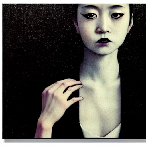 Image similar to yoshitaka amano blurred and dreamy minimalistic oil portrait of a young woman with black lipstick and black eyes wearing dress suit with tie, junji ito abstract patterns in the background, satoshi kon anime, noisy film grain effect, highly detailed, renaissance oil painting, wide brush strokes, weird portrait angle, blurred lost edges