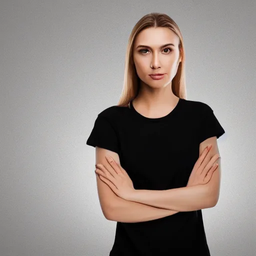 Image similar to clear photorealistic mockup product photograph of a blank black tshirt on an attractive female model in front of a living room background - h 7 0 4