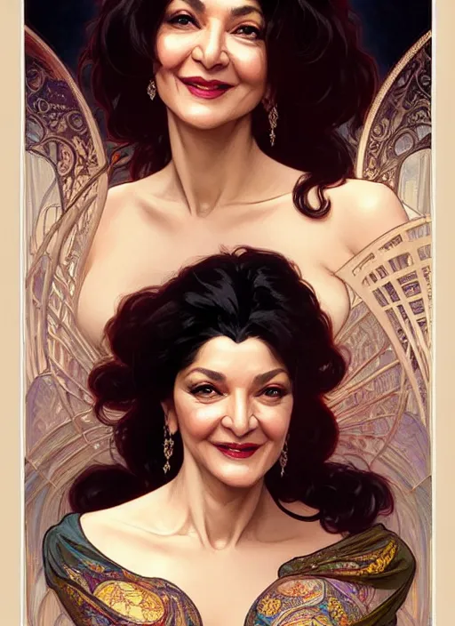 Image similar to “ shohreh aghdashloo as femme fatale smiling and winking, intricate, elegant, highly detailed, digital painting, artstation, concept art, smooth, sharp focus uhd 8 k, art by artgerm and greg rutkowski and alphonse mucha ”