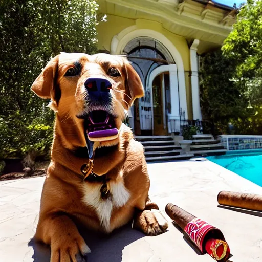 Image similar to a very detailed photo of a dog smoking a cigar outside the mansion by the pool