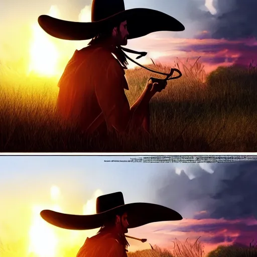 Prompt: a wounded cowboy watching a sunset, concept art, DeviantArt, art station, illustration, highly detailed, artwork, cinematic, hyper realistic