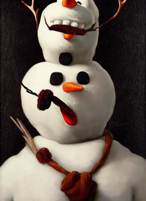 Image similar to a masterwork portrait of olaf the snowman from frozen in the style of a renaissance painting, insane detail, chiaroscuro oil painting, jan matejko, caravaggio, jan van eyck, trending on artstation, artgerm