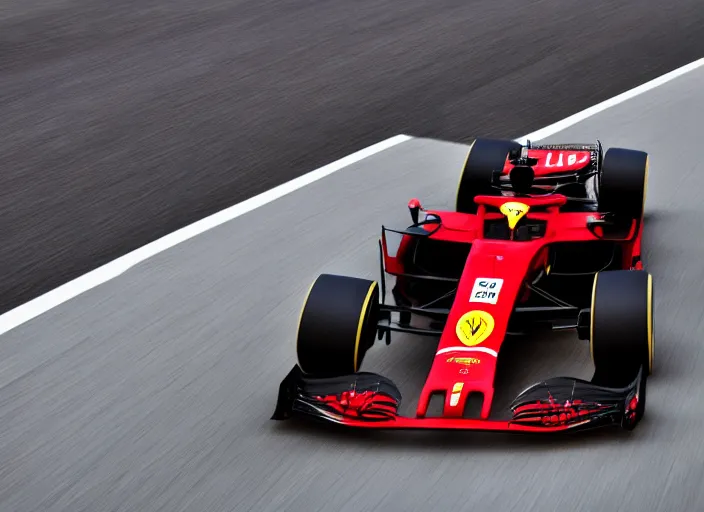 Image similar to live action photo of the 2 0 2 1 f 1 ferrari car, with clown sponsorship, 8 k, hdr, sports photography