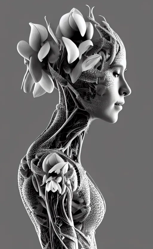 Prompt: a black and white 3D render of a beautiful profile face portrait of a female dragon-orchid-cyborg, 150 mm, flowers, Mandelbrot fractal, anatomical, flesh, facial muscles, wires, microchip, veins, arteries, full frame, microscopic, elegant, highly detailed, flesh ornate, elegant, high fashion, rim light, octane render in the style of H.R. Giger and Man Ray