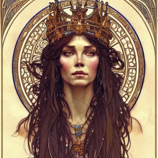 Image similar to highly detailed portrait of a majestic lioness queen as a beautiful woman. d & d, art by anton pieck and greg rutkowski and alphonse mucha and magali villeneuve. trending on artstation, intricate details, energetic composition, golden ratio, concept art, illustration, elegant art