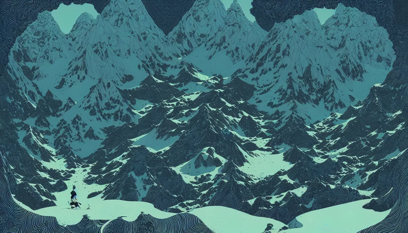 Prompt: himalayas by balmy enso, jamie hewlett, nicolas delort, moebius, victo ngai, josan gonzalez, kilian eng