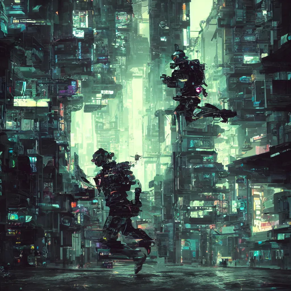 Prompt: a cyberpunk soldier running in full speed