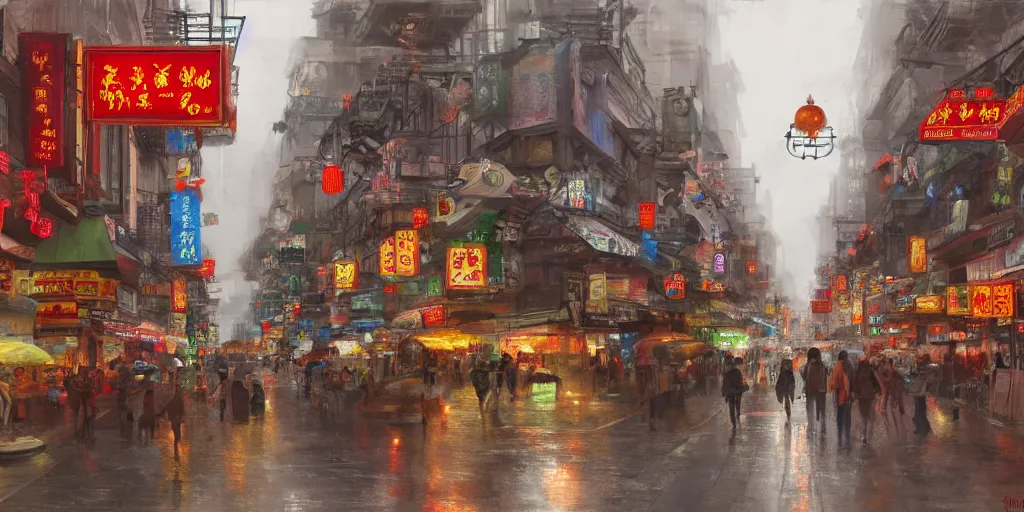 Image similar to an environmental concept art of a busy street in chinatown, rainy, highly detailed by francis tneh