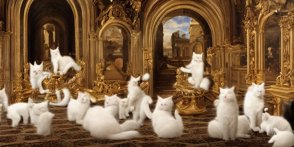 Image similar to beautiful oil matte painting, white fluffy cats holding a church ceremony inside a baroque cathedral, wonderful masterpiece highly detailed, beautiful cinematic light deep focus, elegant, digital painting, smooth, sharp focus, golden ratio, dramatic illumination, ultra realistic, 8 k, art by giovanni bellini and caravaggio