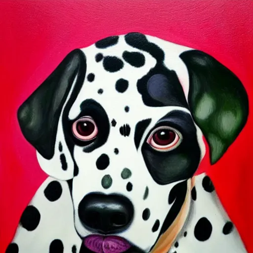 Prompt: A portrait of Dalmatian dog transformed into Frida Kahlo, oil painting, realistic