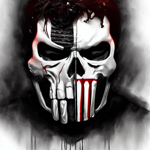 Image similar to portrait of dying frank castle the punisher, skull face paint, intricate, elegant, highly detailed, centered, grungy, digital painting, artstation, concept art, smooth, sharp focus, boris vallejo