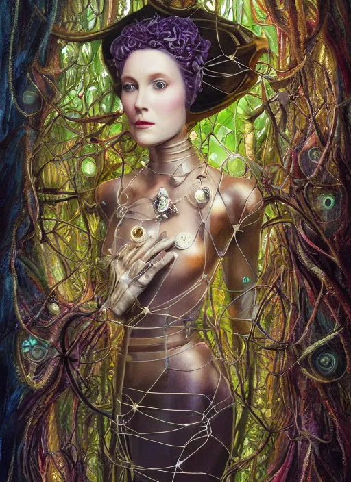 Image similar to oil painting of android woman covered by plants and crystals in the mystical forest, beautiful symmetrical face, renaissance style, wires and cords, golden steampunk, retro futurism, sci - fi, filigree jewellery, baroque, cinematic light, mystical shadows, 8 k