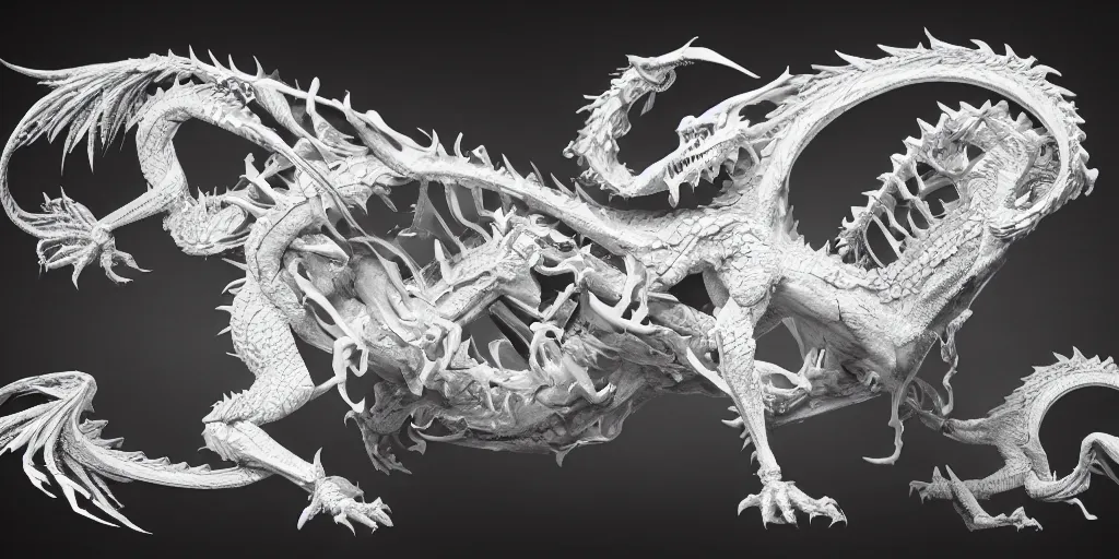 Image similar to white dragon skeleton, studio photography, 4 k, black background