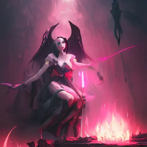Prompt: immortal novice vampire princess summons demons from hell cute colorful pink and black gothic girly 4 k high definition artstation trending path traced contrast light and dark colorful bokeh massive scale cinematic breathtaking, art by greg rutkowski