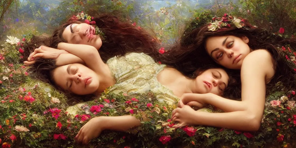 Image similar to Mila Kunis falling asleep, Lilia Alvarado, Sophie Anderson, Mark Arian, Bob Byerley, Charlie Bowater, Mark Brooks, Steve Henderson, Justin Gerard, Arthur Hughes, Edward Robert Hughes, Mark Keathley, Victor Nizovtsev, Carlos Shwabe, Ross Tran, WLOP