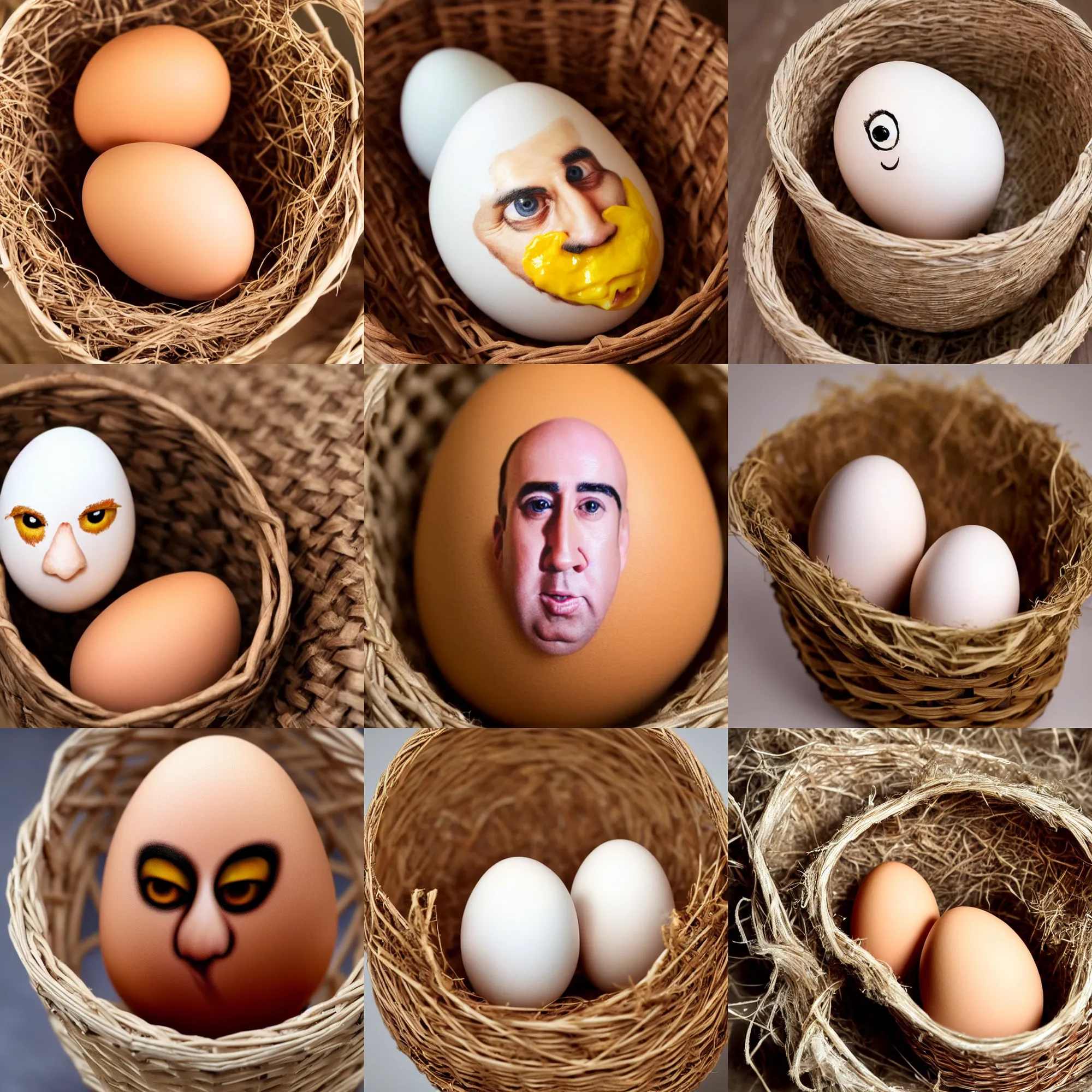 Prompt: an unhatched egg that looks like nicolas cage, nicolas cage's face on an egg, in a basket, macro shot, high detail photo, close up, cute, adorable