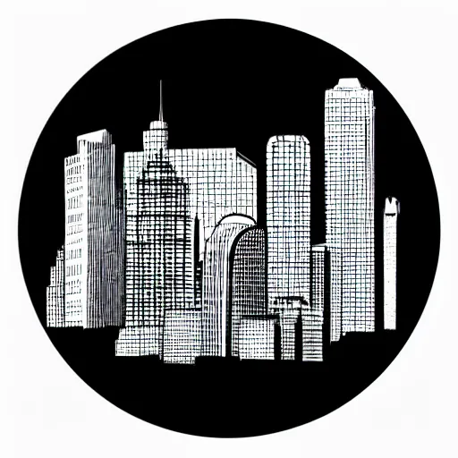 Image similar to a perfect circle where the inside is empty blank space and around the outer edge of the circle is the silhouette of a city skyline, black and white, minimalist, in the style of a charcoal drawing, made by david mellen