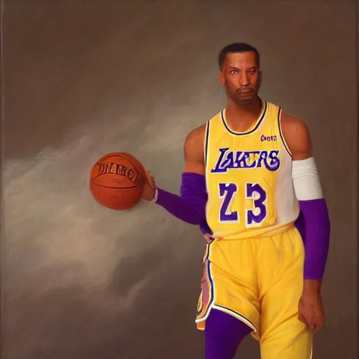 Image similar to official portrait of the los angeles lakers dictator, 1 7 8 0, in full lakers military garb. oil on canvas by william sidney mount, oil on canvas, octane render