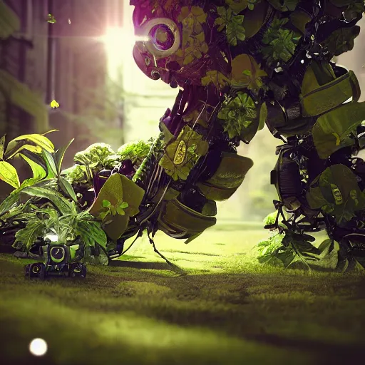 Image similar to beautiful overgrown foliage taking over an ( beautiful abandoned human - shaped robot body laying on the ground ), close - up, 3 5 mm, biopunk, bokeh, beautiful, lens flare, emotional, sweet, flowers, detailed, picture, trending on artstation, award - winning, shiny, golden, angle view, octane render