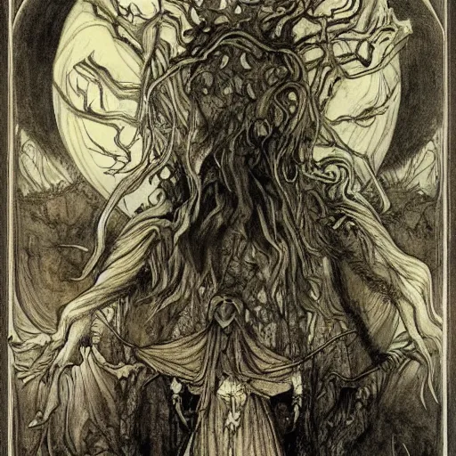 Image similar to terrible eyes from another world look out of the darkness, fabulous illustrations, oil painting, symmetric, elegant, illustrations by irish fairy tales james stephens arthur rackham, 4k, 8k ,