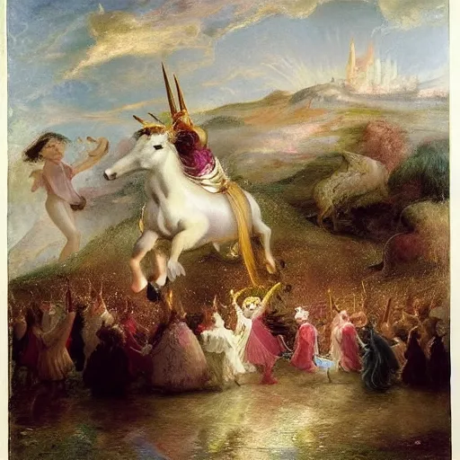 Image similar to The conceptual art features a pantomime unicorn onstage, surrounded by a group of children who are clapping and cheering. The unicorn is wearing a sparkly costume and has a long, flowing mane. Its horn is glittering and its eyes are wide open, as if it is enjoying the performance. by Thomas Moran flowing