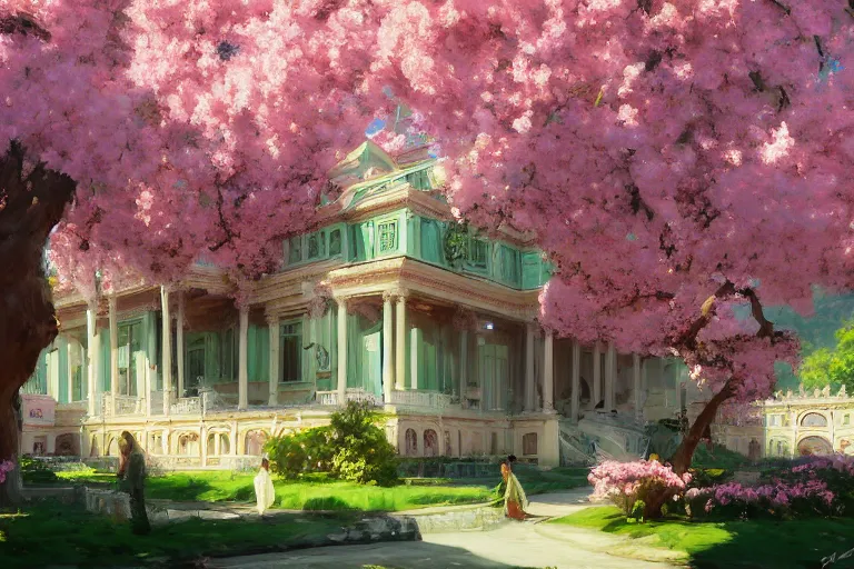 Image similar to green weed grow house, rococo style, greek architecture, pink marble building, sakura trees, sakura season dynamic lighting, landscape, artwork by jeremy lipkin and giuseppe dangelico pino and michael garmash and rob rey and greg manchess and huang guangjian and makoto shinkai, pixiv, 1 0 0 mm