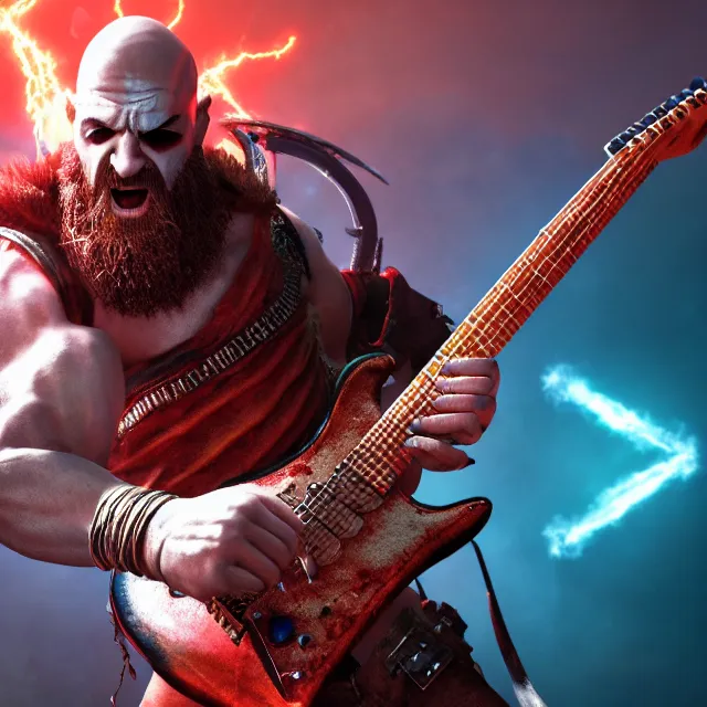 Prompt: sunglasses wearing rage kratos rocking out on a sparking stratocaster guitar, cinematic render, god of war 2 0 1 8, playstation studios official media, sunglasses, lightning