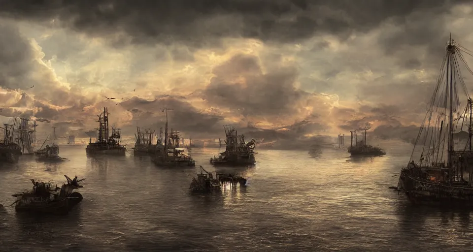 Image similar to The sky above the port was the colour of television, tuned to a dead channel, dramatic lighting, cinematic, establishing shot, extremely high detail, photo realistic, cinematic lighting, post processed, concept art, matte painting