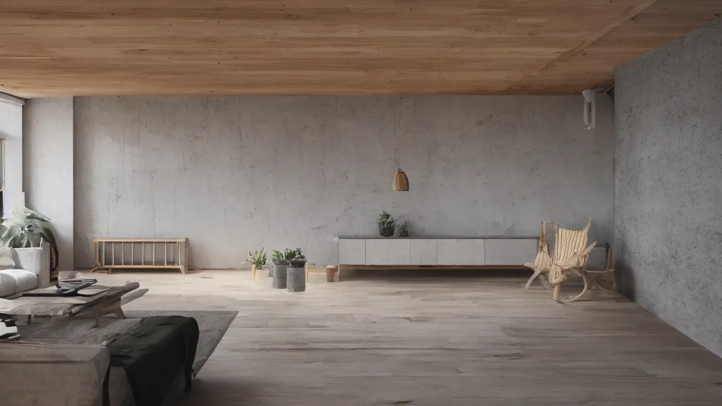 Image similar to hyper realistic one point perspective of living room, wood, concrete, brick