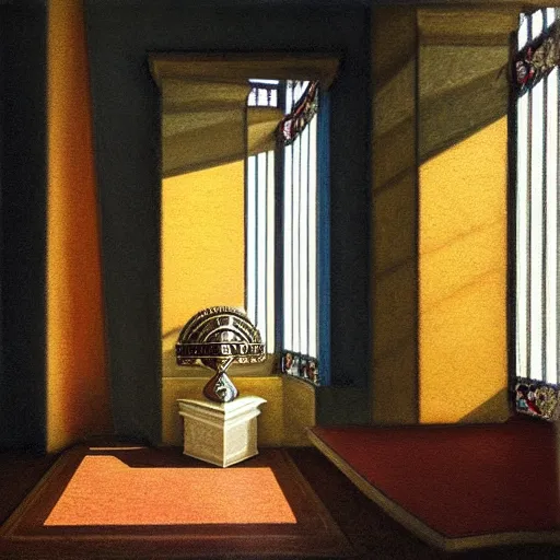 Image similar to still life painting of a room with a balcony. in the center lays an ancient holy artifact, shaped like torus ring, chromed and ornate with gentle iridescent shine from within. the ring lays on top of a pedestal. perspective from the side. realistic light and shadows. moody fantasy art, still life renaissance pastel painting.