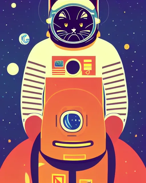 Prompt: a vector based illustration of a grinning cat astronaut in a spacesuit, head and shoulders shot, by sachin teng and loish, vibrant, vector art, award winning, stunning, trending on art station, highly detailed