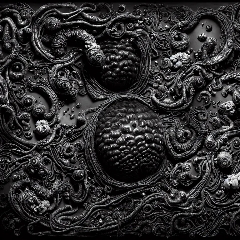 Prompt: still life of surreal alien black tropical flowers, rotten moldy black mold, dripping black paint, surreal alien ribbed black tropical fruit, black human spine, black background, all matte black everything baroque painting, beautiful detailed intricate insanely detailed octane render, 8K artistic photography, trending on Artstation, photorealistic, chiaroscuro, Raphael, Caravaggio