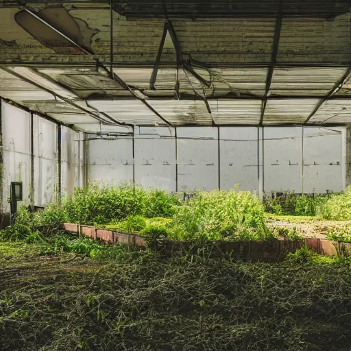Prompt: a farm inside an abandoned car parking building, concrete, overgrown plants, giant neon sign, photo by greg girard, dark, cinematic, volumetric light