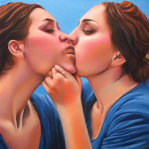 Image similar to two women kissing, oil on canvas, highly detailed, photo realistic