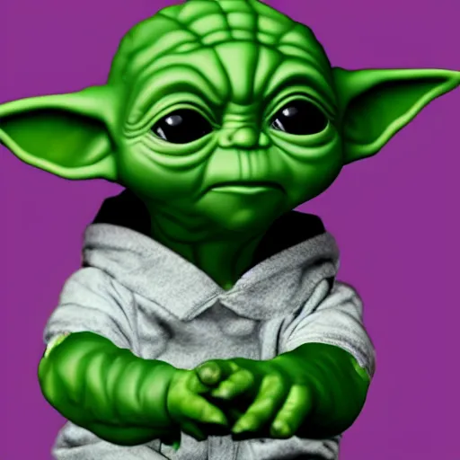 Image similar to digital illustion of baby yoda dressed like a thug and flipping off the camera, deviantArt, artstation, artstation hq, hd, 4k resolution