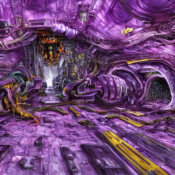 Image similar to detailed shot of inside a cavernous living stomach of a giant robot ((dragon)), the walls purple and pulsing, lots of acid pooling up on the floor, digesting humans that ended up inside, food pov, micro pov, vore, digital art, furry art, high quality, 8k 3D realistic, macro art, micro art, Furaffinity, Deviantart, Eka's Portal, G6