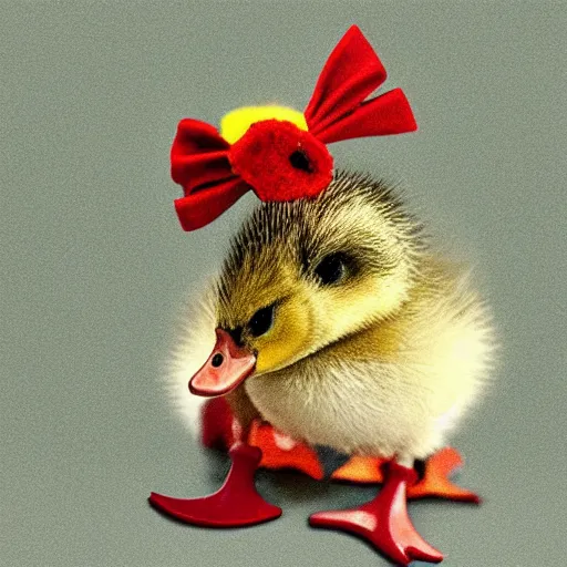 Image similar to a baby duckling wearing a bow on her head, holding a scalpel