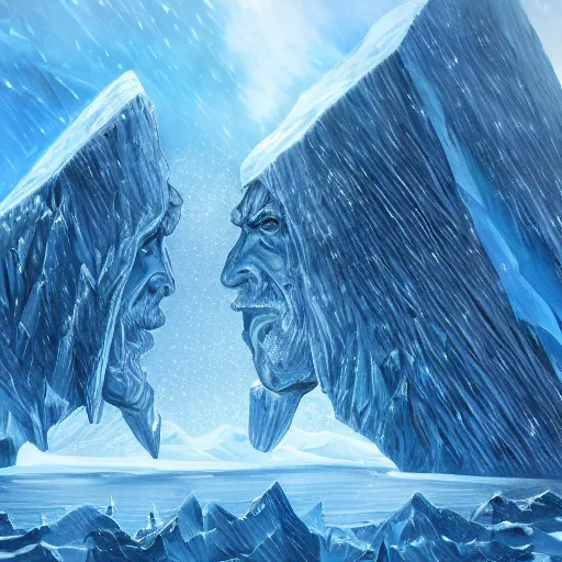 Image similar to epic masterpiece of confrontation between man and diamond mountain spirit Antarctica, gift of birth, origin mythos, astounding beauty, cinematic, establishing shot, extremely high detail, photorealistic, cinematic lighting, intricate line drawings, 8k resolution