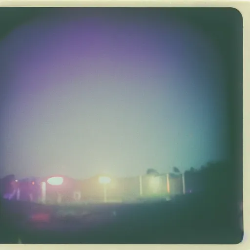 Image similar to a circle of lights flying through the sky, blurry photo, old polaroid, expired film, historical photo,