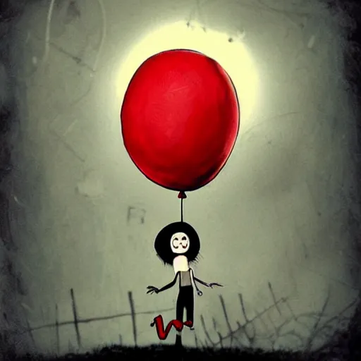 Image similar to grunge painting of a shoe with a wide smile and a red balloon by tim burton, loony toons style, pennywise style, corpse bride style, rick and morty style, creepy lighting, horror theme, detailed, elegant, intricate, conceptual