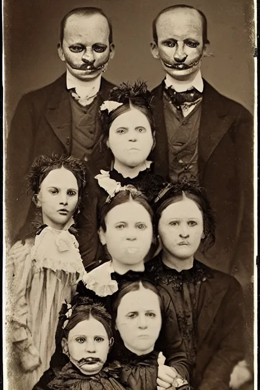 Image similar to mugwump family photo, 1 8 0 0 s, olan mills studio, creepy, scary, laughing, color, grotty, ugly, terrified