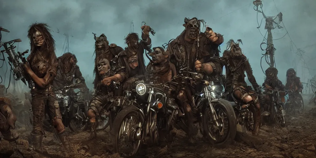 Image similar to incredibly detailed cinematic shot of a psychedelic post apocalyptic orcish biker gang, artstation, cgsociety