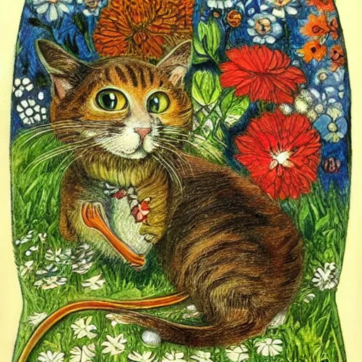 Image similar to a mouse and a cat, fantasy art, louis wain