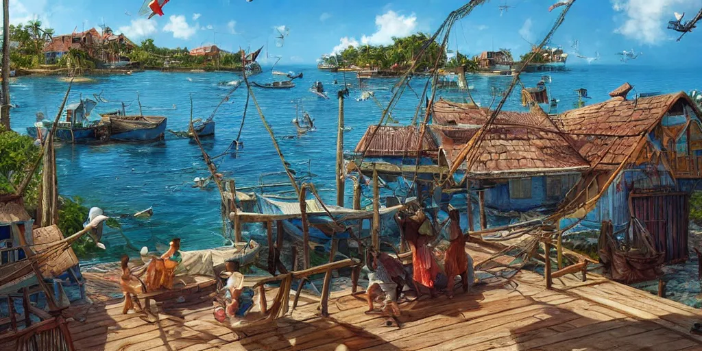 Prompt: a little fisher village in cuba, wood pier and houses, nets and boats, house made with boat parts, scenic view, bright day, hyper realistic, matte painting by marc simonetti and rhads and donato giancola, trending on artstation