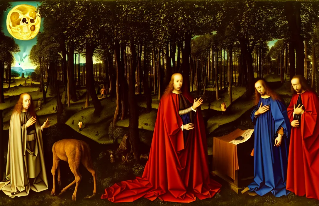 Image similar to altarpiece death roll intact flawless ambrotype from 4 k criterion collection remastered cinematography gory horror film, ominous lighting, evil theme wow photo realistic postprocessing visuals excite moon visible through the trees has its own distinctive quality quite unlike any other painting by jan van eyck