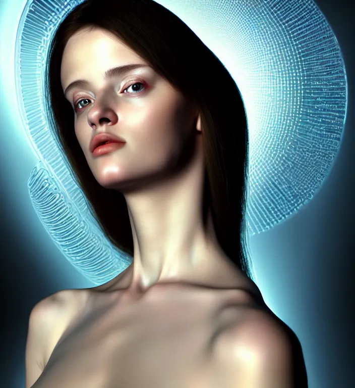 Image similar to hyperrealism photography computer simulation visualisation of parallel universe cgi scene with beautiful highly detailed ukrainian woman by caravaggio wearing neofuturistic neural interface by josan gonzalez - s 1 5 0