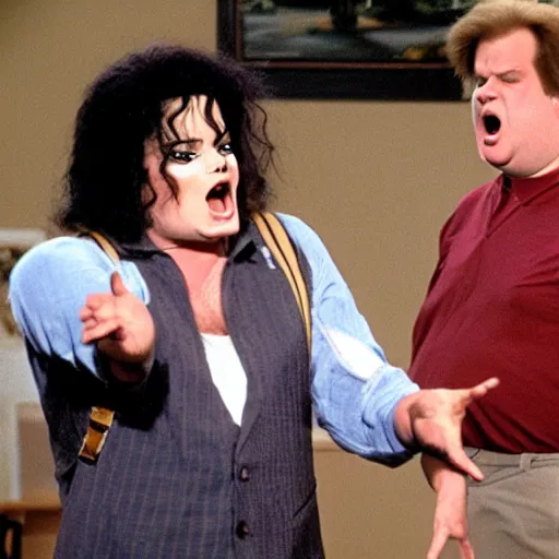 Image similar to mad michael jackson yelling at sad chris farley for messing up his bob ross painting